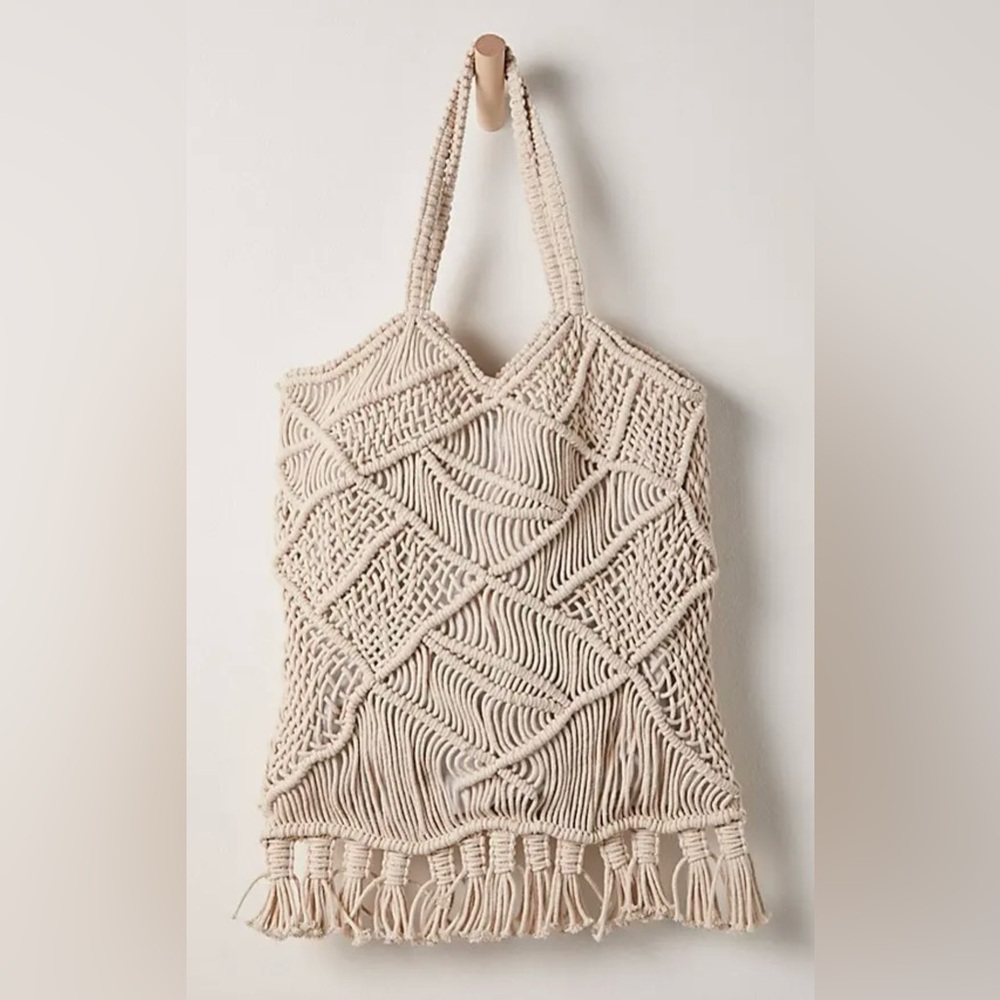Free People Cotton Macrame Woven Large Fringe Tote Bag NWT🔖